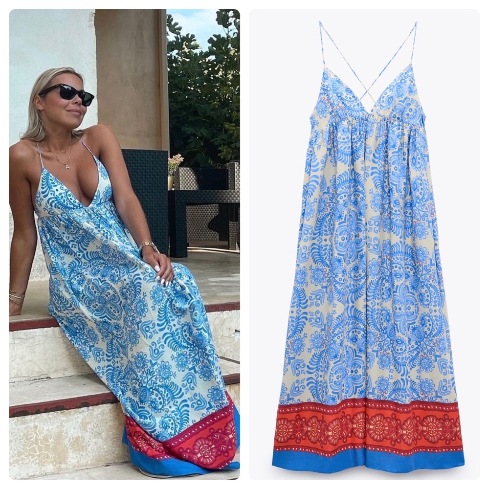 Zara Blue Printed Linen Maxi Dress Size Medium Worn Once.